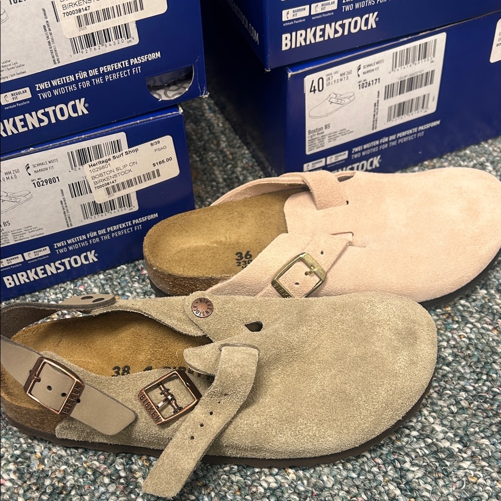 Birkenstock Suede Sandals in Tan and Pink